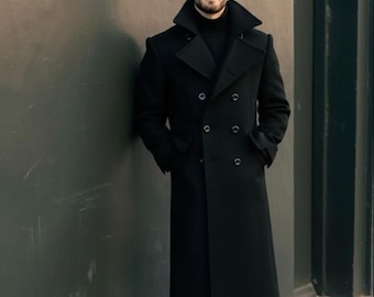 Men's Wool Melton Overcoat: Knee Length Peak Lapel - Black, Navy