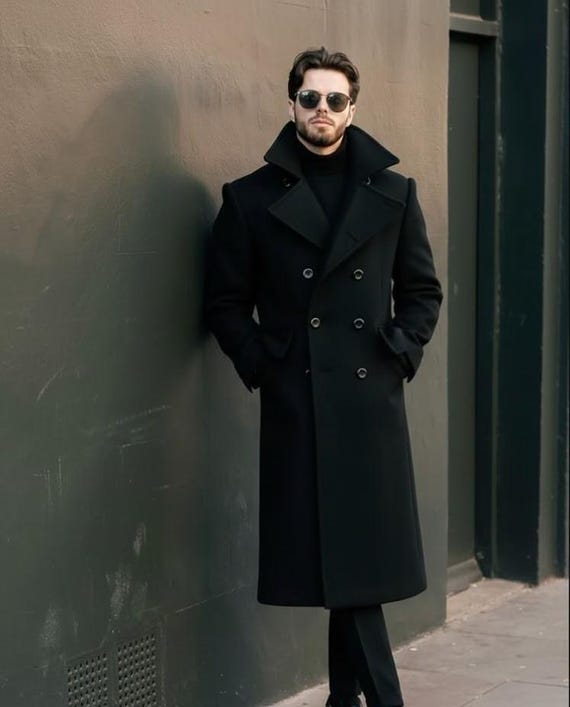 Men's Wool Melton Overcoat: Knee Length Peak Lapel - Black, Navy