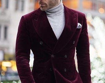 Men's Velvet Double-Breasted Blazer – Maroon Formal Sport Coat