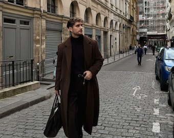 Men's Brown Melton Wool Overcoat: Knee Length Trench Coat - Etsy