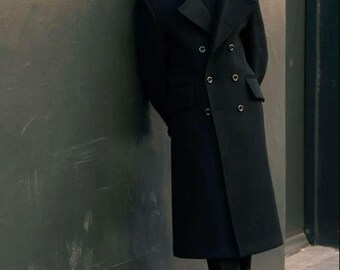 Men's Wool Melton Overcoat: Knee Length Peak Lapel - Black, Navy