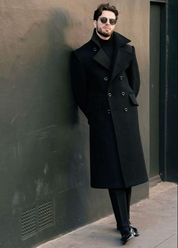 Men's Wool Melton Overcoat: Knee Length Peak Lapel - Black, Navy