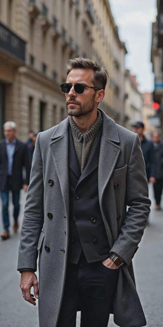 Men's Grey Melton Wool Overcoat: Knee Length Trench Coat - Etsy