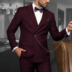 Custom Fit Wine Double-Breasted Viscose Suit: Partywear Groom Wedding Outfit