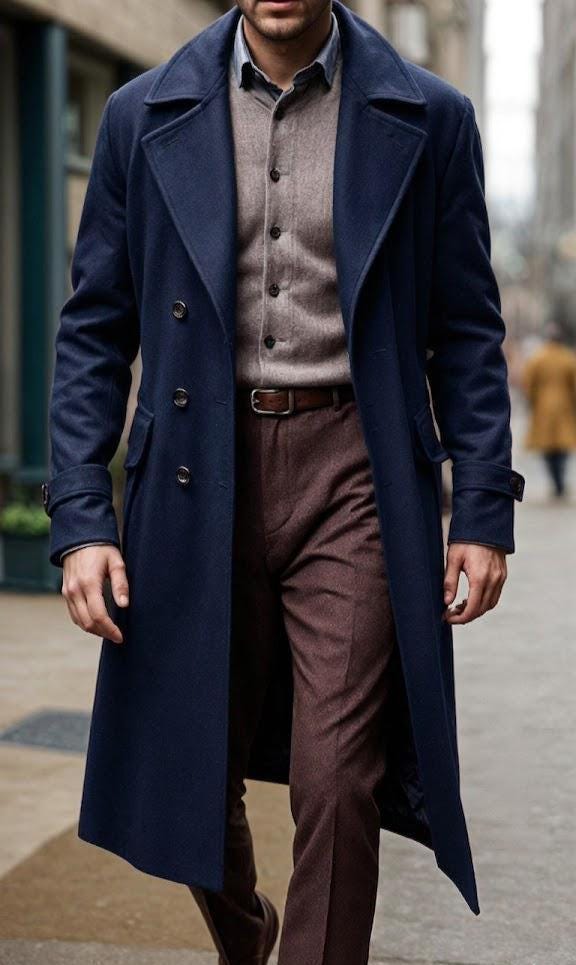 Men's Wool Overcoat: Navy Blue Melton Knee Length Peak Lapel Long