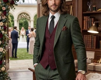 Men's Green Tweed 3-Piece Suit: Winter Formal Wear Blazer, Trousers, Tweed vest coat.