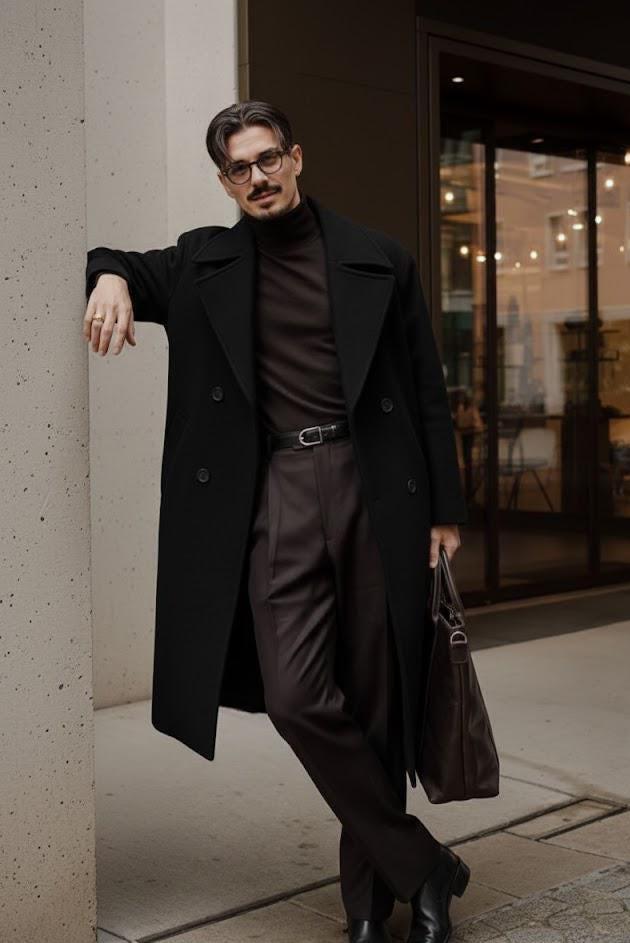 Men's Wool Melton Overcoat: Knee Length Peak Lapel - Black, Navy
