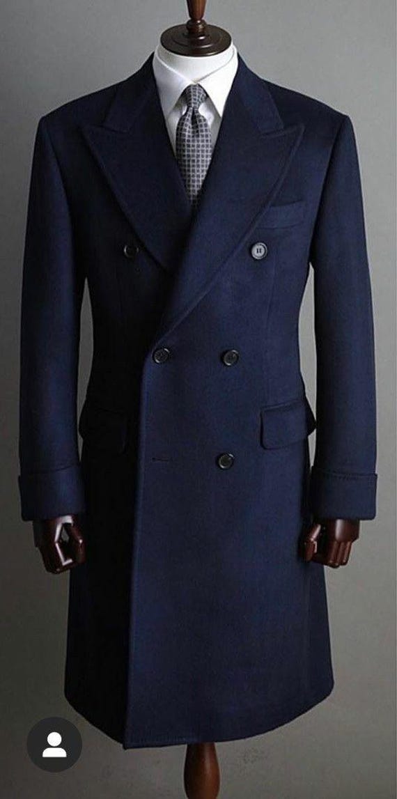 Men's Wool Overcoat: Navy Blue Melton Knee Length Peak Lapel