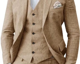 Traje de tres piezas de lino marrón: Traje de padrino de boda de verano para hombre