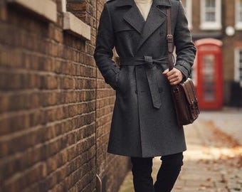Men's Grey Melton Wool Overcoat: Knee Length Trench Coat - Etsy