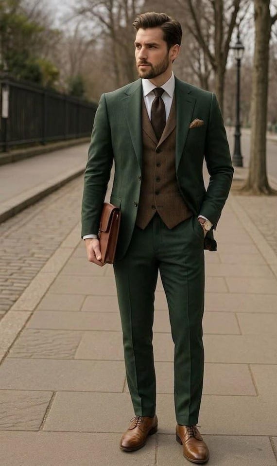 dark green dress suit Men's 3 Piece Size:2/3 Ikea Vanity Desk Black Black Tie Optional Dress Men's suits Trousers from John Henric