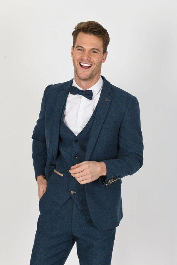 Navy Blue Tweed Men's 3-Piece Suit: Formal Wedding Winter Suit Tweed outfit for men