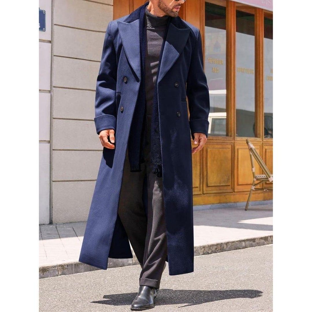 Men's Wool Overcoat: Navy Blue Melton Knee Length Peak Lapel Long