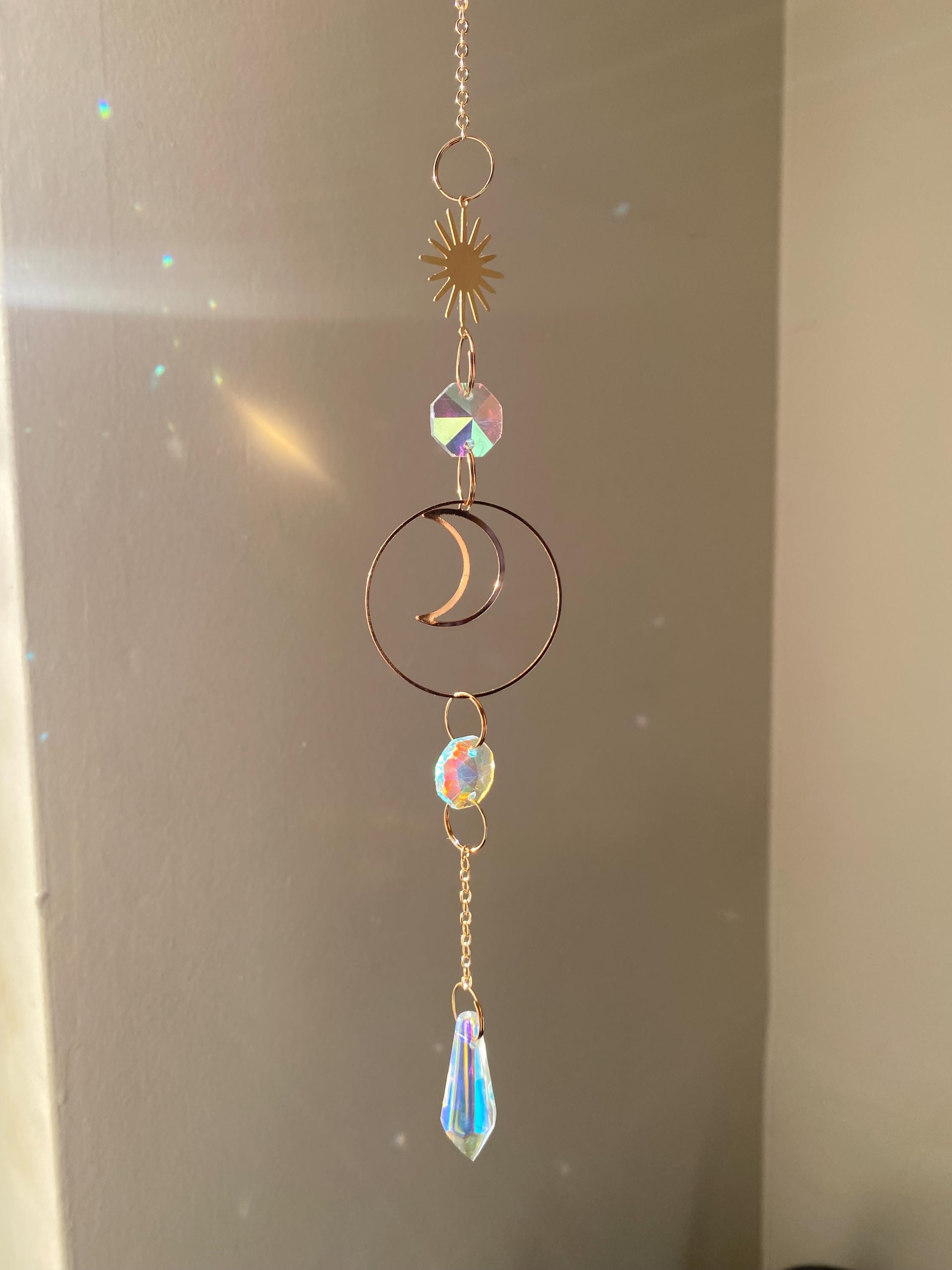 Gold Crescent Moon Suncatcher – Crystal Prism Rainbow Maker – Celestial ...