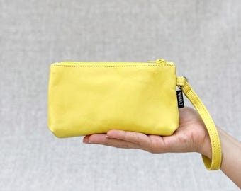 Pusteblumen Gelb Leder Wristlet Clutch - Frühlingsmode aus echtem weichem Leder