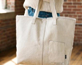 Handgefertigte Pyrenäen Weiße Hair-on-Hide Leder Tragetasche Upcycled Geldbörse