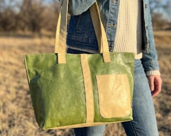 Upcycled Leder Mini Einkaufstasche, Farn Green Tan, umweltfreundliche handgefertigte Colorado Tasche
