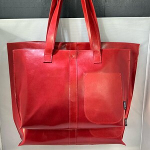 Handmade Candy Red Leather Tote Bag, Upcycled Modern Shoulder Purse, Eco Friendly Gift