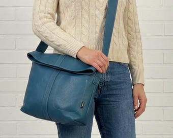 Cobalt Blau Upcycling Leder Umhängetasche, Handgefertigte Colorado Messenger Tasche