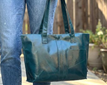 Patina Blau Leder Mini Einkaufstasche - Upcycled moderne ungefütterte handgefertigte Tasche