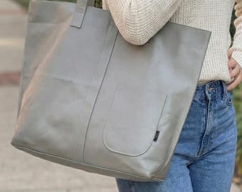 Graue Upcycled Leder Tragetasche – Handgemachte Markt Schultertasche, Große Echte Stiff