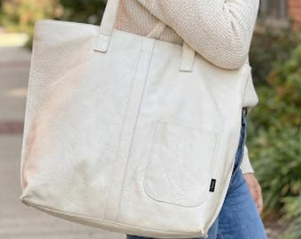 Handgemachte Upcycled Leder Tragetasche, Ivory Schulter Geldbörse, Echte Stiff Groß Klein