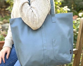 Handgemachte Upcycled Leder Tragetasche, Große Schieferblaue Umhängetasche