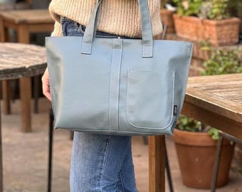 Handgemachte Upcycled Leder Mini Einkaufstasche, Schiefer Blau-Grau Schultertasche