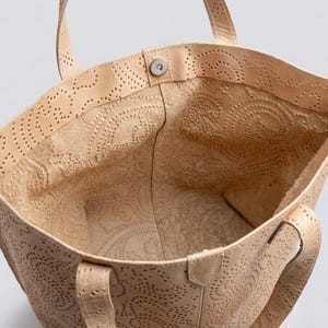 Beige Paisley Perforated Leather Tote Bag – Upcycled Upholstery Leather Beach Purse image 5