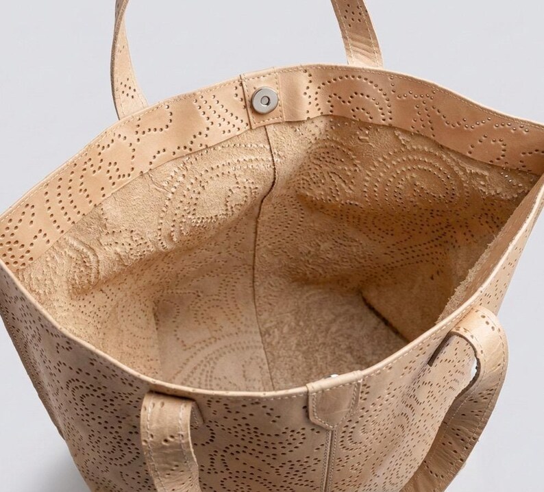 Beige Paisley Perforated Leather Tote Bag – Upcycled Upholstery Leather Beach Purse image 5
