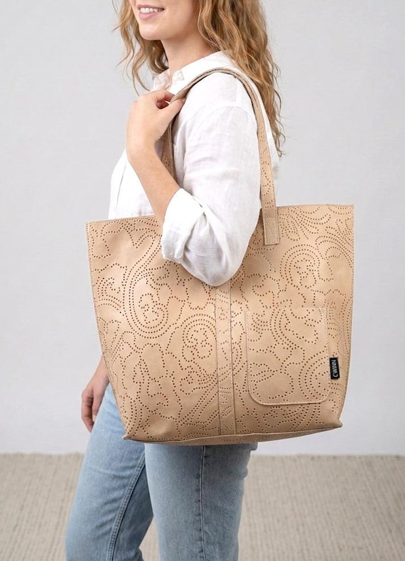 Beige Paisley Perforated Leather Tote Bag – Upcycled Upholstery Leather Beach Purse