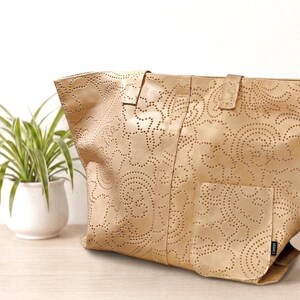 Beige Paisley Perforated Leather Tote Bag – Upcycled Upholstery Leather Beach Purse image 3