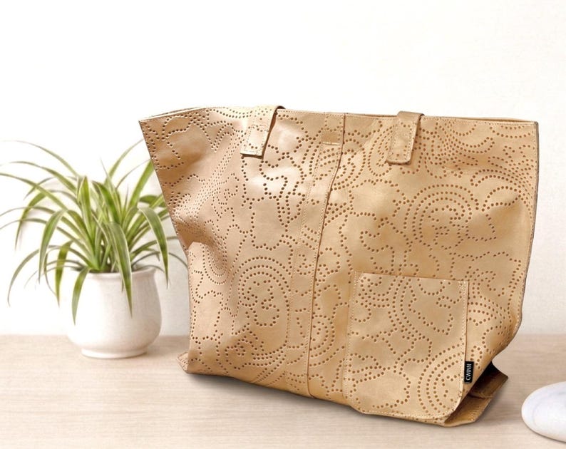 Beige Paisley Perforated Leather Tote Bag – Upcycled Upholstery Leather Beach Purse image 3