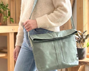 Eukalyptus Grüne Leder Umhängetasche, Handgefertigte Upcycled Colorado Messenger Bag