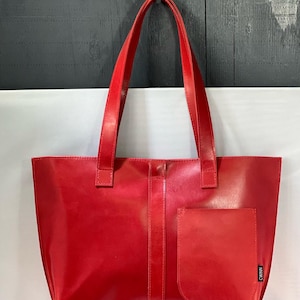 Handmade Candy Red Leather Tote Bag, Upcycled Modern Shoulder Purse, Eco Friendly Gift