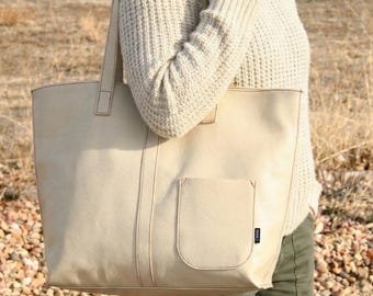Beige Leder Tragetasche, Handgefertigte Upcycled Umhängetasche, Minimalistische Geldbörse, Große Echte Weiche Weiß