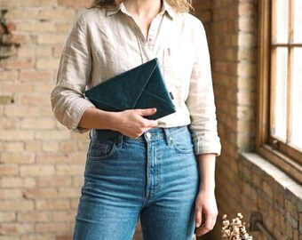 Handmade Patina Blue Envelope Clutch Upcycled Leather
