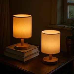 Handmade Bamboo Table Lamp – Japanese & Chinese Style LED Light – Linen Shade Desk Lamp USB Powered Minimalist Decor