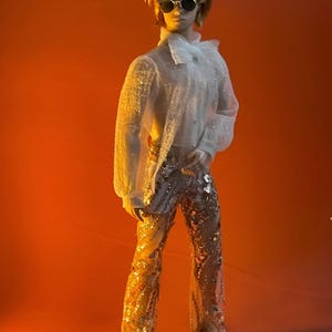 May include: A doll wearing a sheer white shirt, sequined pants, and sunglasses. The doll has blonde hair and is posed against an orange background. The pants are gold with silver sequins.