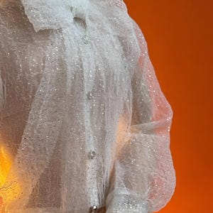 May include: A white, sheer, long-sleeved blouse with a large, ruffled collar and cuffs. The blouse is embellished with sequins, adding a touch of sparkle. The buttons are also embellished. The garment is displayed against an orange background.