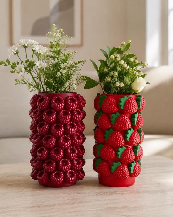 Strawberry & Raspberry Flower Vase, Handmade Glass Vase With