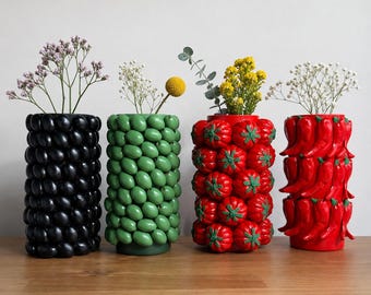 Handmade Food Inspired Vase, Water-Safe Floral Vase, Tomato Pepper Olive Design, Unique Kitchen Decor