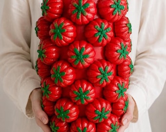 Large Tomato Flower Vase, Glass Vase with Hand-Sculpted Plaster Tomatoes, Farmhouse Kitchen Decor