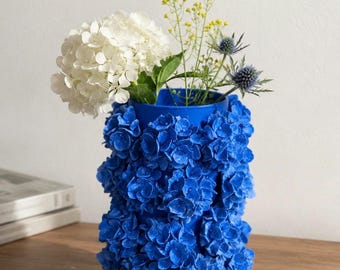 Blue Hydrangea Glass Vase with Hand-Sculpted Plaster Flowers, Handmade Home Decor