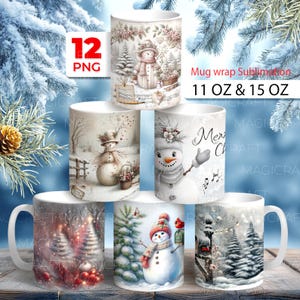 May include: A collection of white ceramic mugs with winter-themed designs. Each mug features a different snowman illustration, along with snowy landscapes and Christmas tree imagery. The text "Mug wrap Sublimation" and "11 OZ & 15 OZ" is visible.