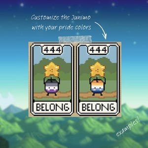 Puede incluir: Dos ejemplos de pixel art de personajes Junimo con los colores de la bandera del orgullo, cada uno en un diseño enmarcado con la palabra "BELONG" en la parte inferior. El texto "Customize the Junimo with your pride colors" está en la parte superior.