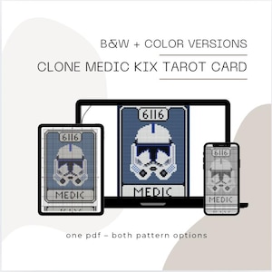 May include: Digital art featuring a tarot card design, displayed on a tablet, laptop, and smartphone. The card depicts a white and blue helmet with the text "MEDIC" and "6116". The image includes the text "B&W + COLOR VERSIONS" and "CLONE MEDIC KIX TAROT CARD".