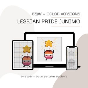 Puede incluir: Patrón de punto de cruz digital con una estrella y un personaje Junimo con los colores de la bandera del orgullo lésbico. El diseño se muestra en una tableta, un portátil y un smartphone. El texto dice "B&W + COLOR VERSIONS" y "LESBIAN PRIDE JUNIMO".