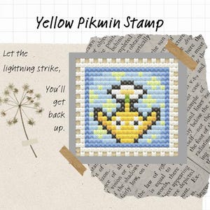 May include: A square postage stamp design featuring a pixelated yellow Pikmin character with a white flower on its head, set against a light blue background with yellow sparkles, labeled Yellow Pikmin Stamp with text Let the lightning strike.