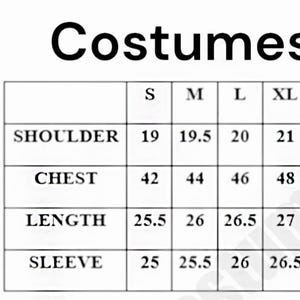 May include: A size chart for costumes and pants, with measurements in inches. The chart includes sizes S to 5XL, detailing shoulder, chest, length, sleeve, waist, and length measurements for each size. The text "Costumes Size" and "Pants Size" are at the top.